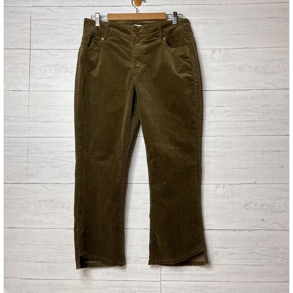 Cabi Pants Womens Size 12 Brownish Green Hi Low Crop Corduroy Cotton Blend - Picture 1 of 16